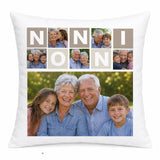 Cuscino bianco personalizzato con collage di 5 foto e scritta “NONNI”