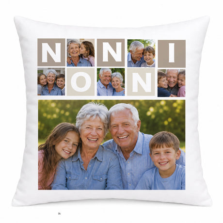 Cuscino bianco personalizzato con collage di 5 foto e scritta “NONNI”