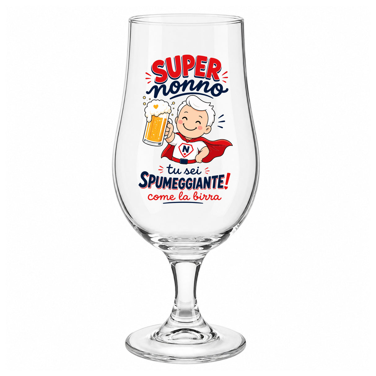 Calice da birra in vetro con scritta Super nonno e frase Tu sei spumeggiante
