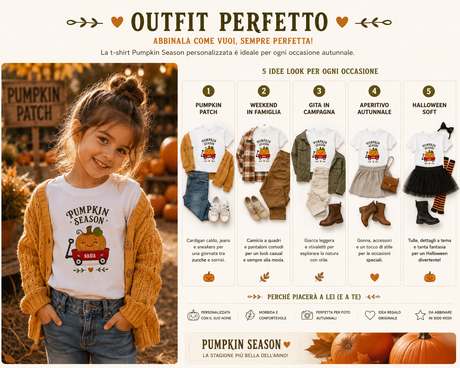 Maglietta bianca per bambino con stampa “Pumpkin Season” mostrata in outfit