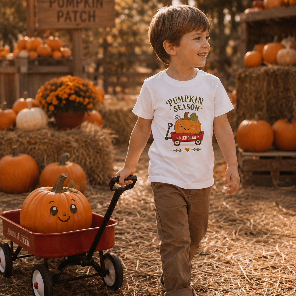 Maglietta bianca per bambino con stampa “Pumpkin Season” e zucca sul carretto