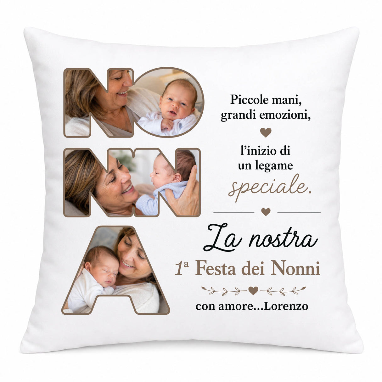 Cuscino bianco personalizzato con collage foto, “La nostra 1ª Festa dei Nonni” Lorenzo