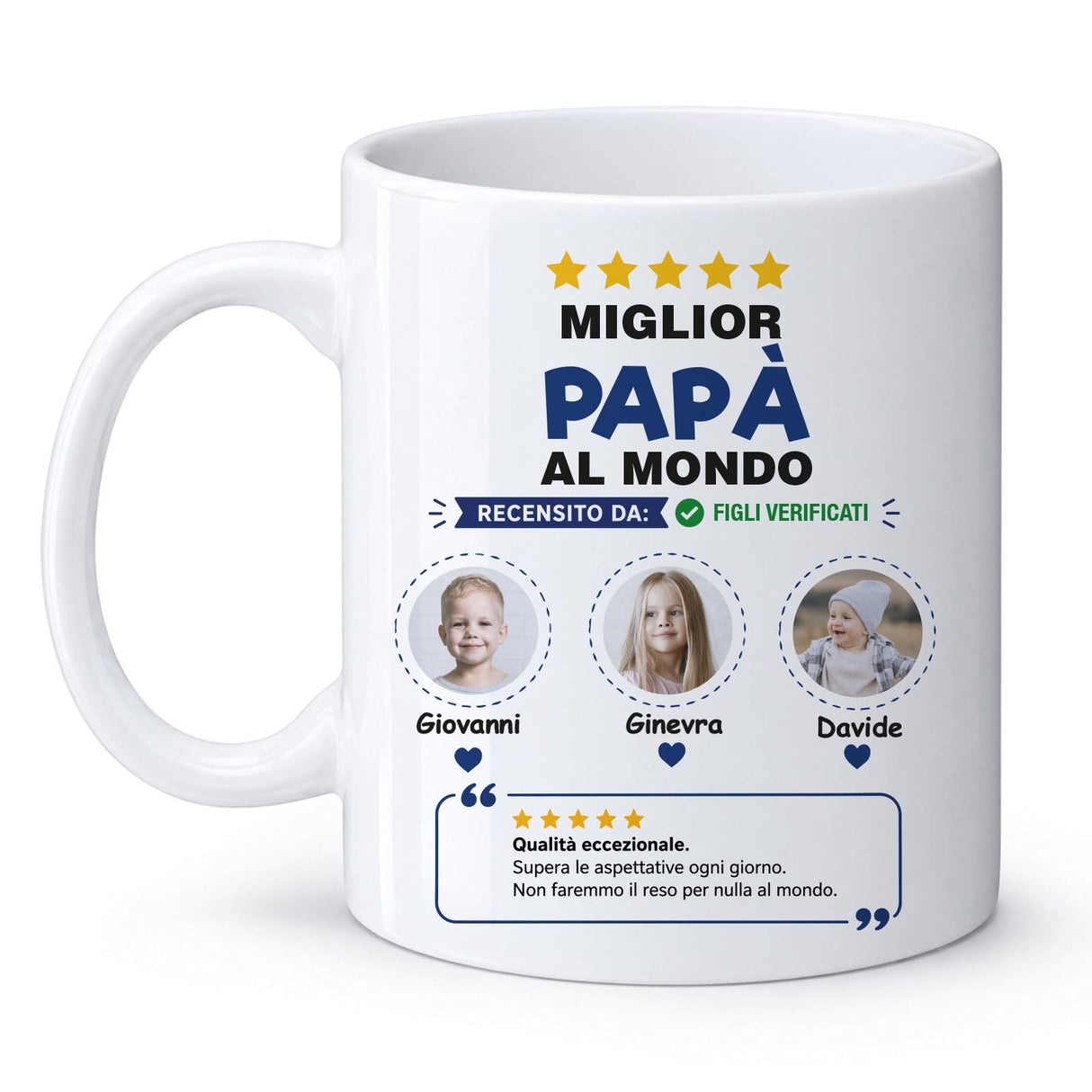 Tazza bianca con stampa “Miglior Papà al Mondo”, recensione e foto figli Giovanni, Ginevra, Davide