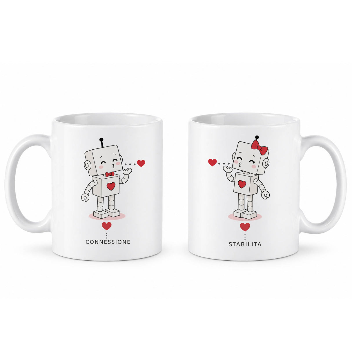 Set di 2 tazze bianche con robot: illustrazioni e scritte CONNESSIONE/STABILITA
