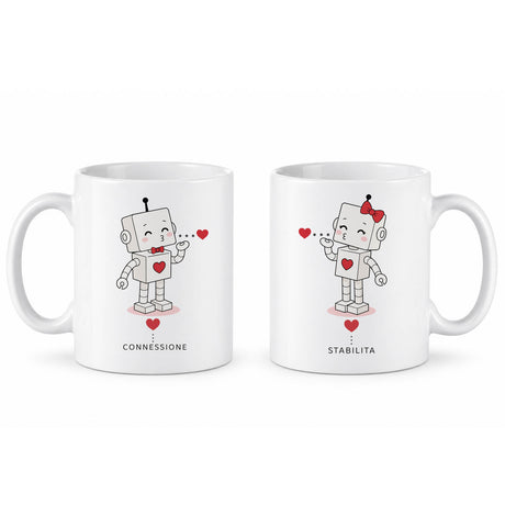Set di 2 tazze bianche con robot: illustrazioni e scritte CONNESSIONE/STABILITA