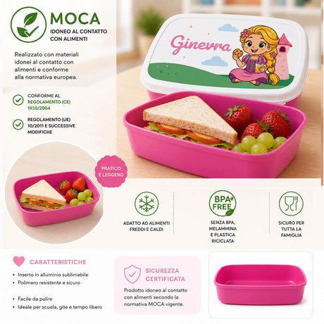 Porta merenda rosa e bianca con grafica Ginevra, prodotto per scuola e asilo