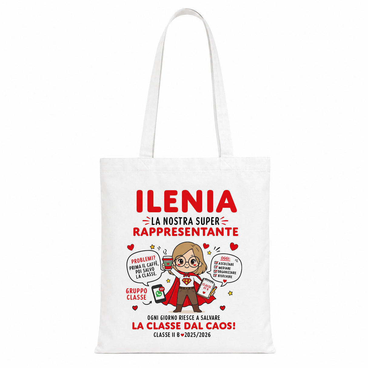 Shopping bag bianca con stampa rossa “ILENIA” e grafica rappresentante
