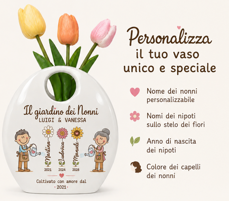 Vaso in ceramica con tulipani, “Il giardino dei nonni” e “Personalizza il tuo vaso unico e speciale”