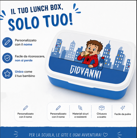 Scatola portamerenda blu con coperchio bianco, nome 'GIOVANNI' e illustrazione bimbo.