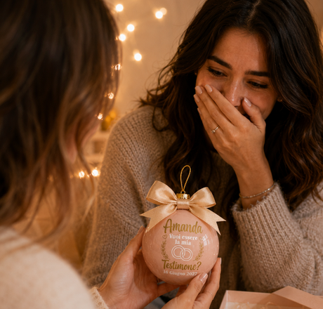 Pallina di Natale rosa in mano con fiocco dorato e “Vuoi essere la mia testimone?”
