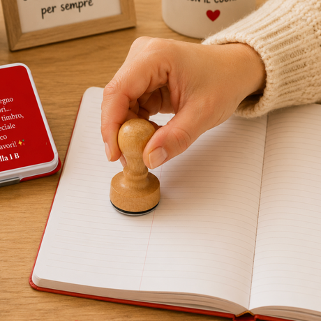 Timbro in legno personalizzato per maestra, impronta su carta con mano in uso