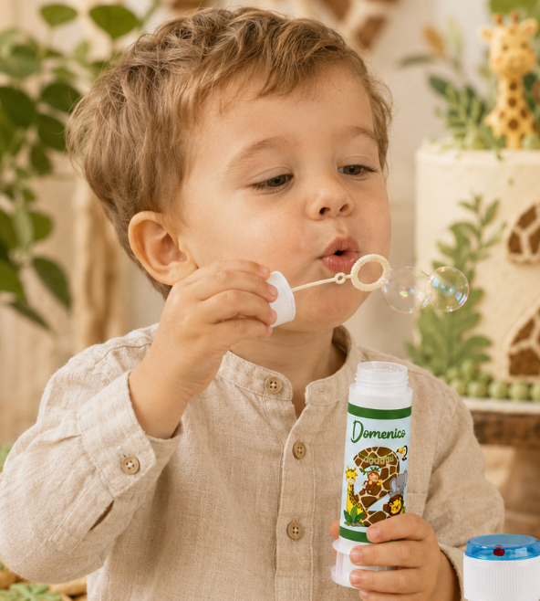 Set 4 Bolle di Sapone Personalizzate – Tema Safari con Nome ed Età