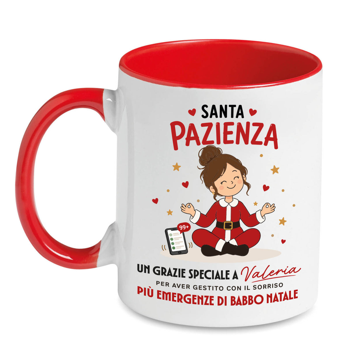 Tazza bianca con manico rosso, grafica Santa Pazienza e Valeria