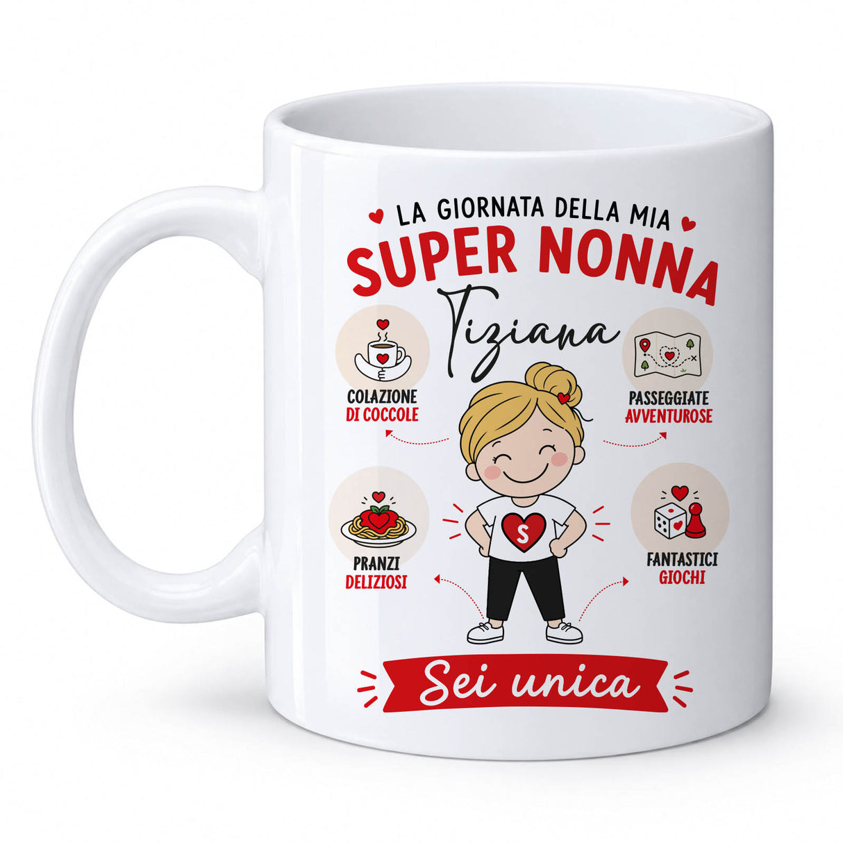 Tazza bianca in ceramica con scritta “Super Nonna” e nome Tiziana