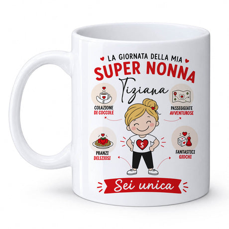 Tazza bianca in ceramica con scritta “Super Nonna” e nome Tiziana