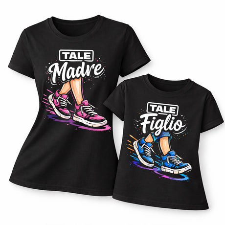 Set di t-shirt nere mamma e figlio con stampa TALE Madre e TALE Figlio, maniche corte
