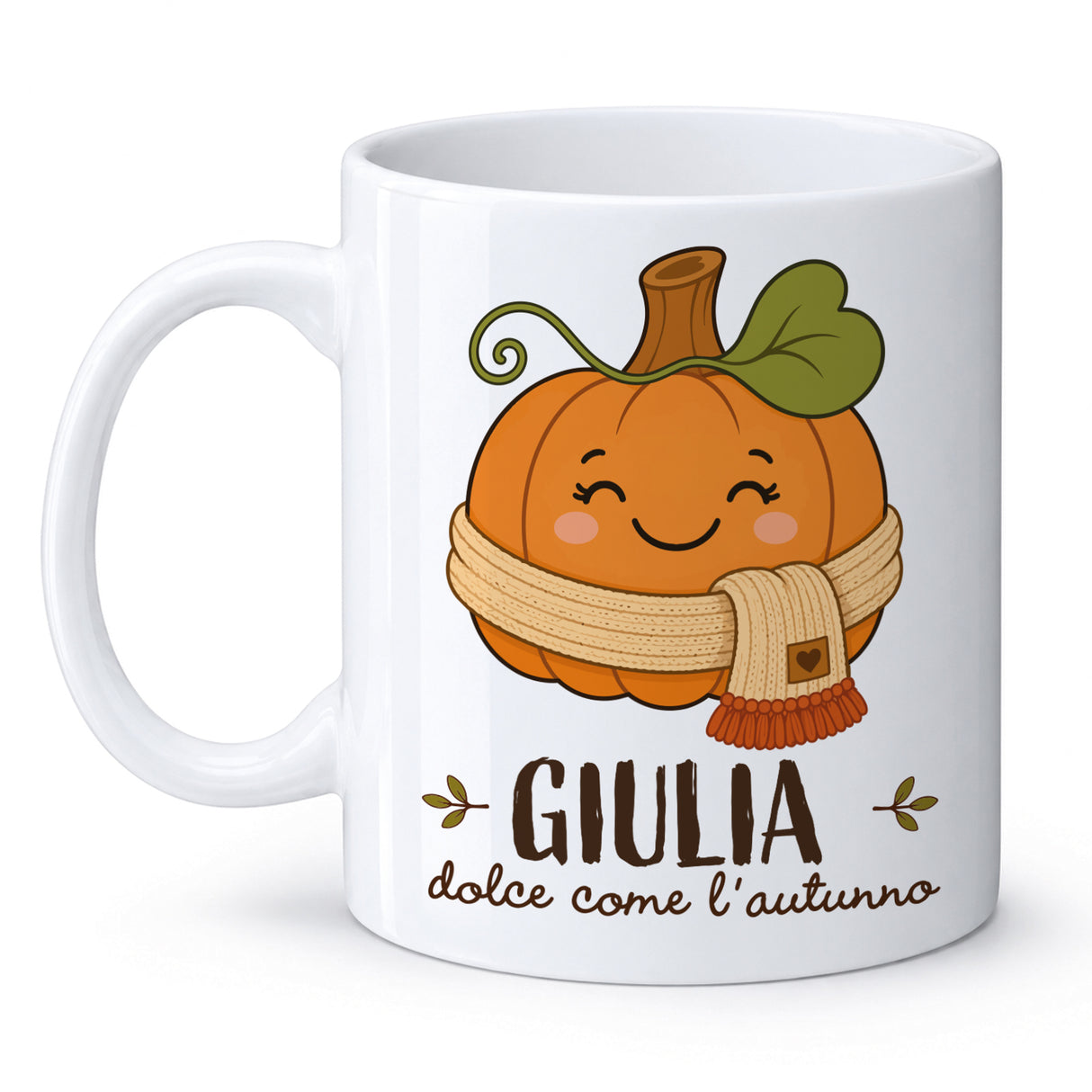 Tazza bianca con stampa zucca sorridente e scritta 'GIULIA'.