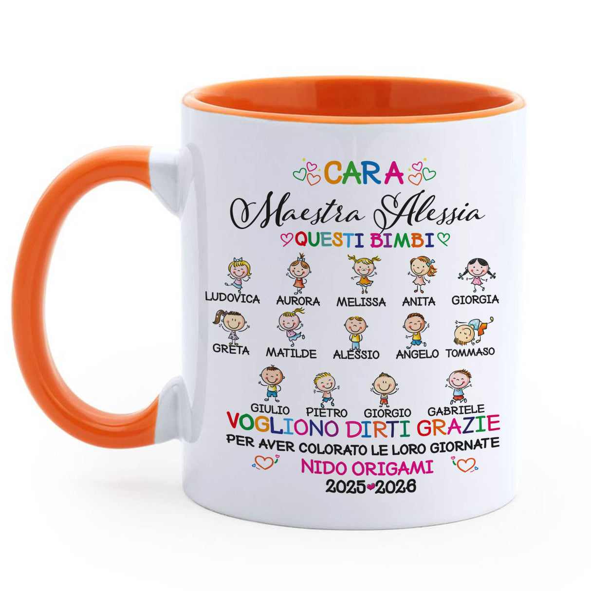 Tazza bianca con manico arancione, stampa con nomi bambini e scritta Grazie