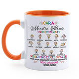Tazza bianca con manico arancione, stampa con nomi bambini e scritta Grazie