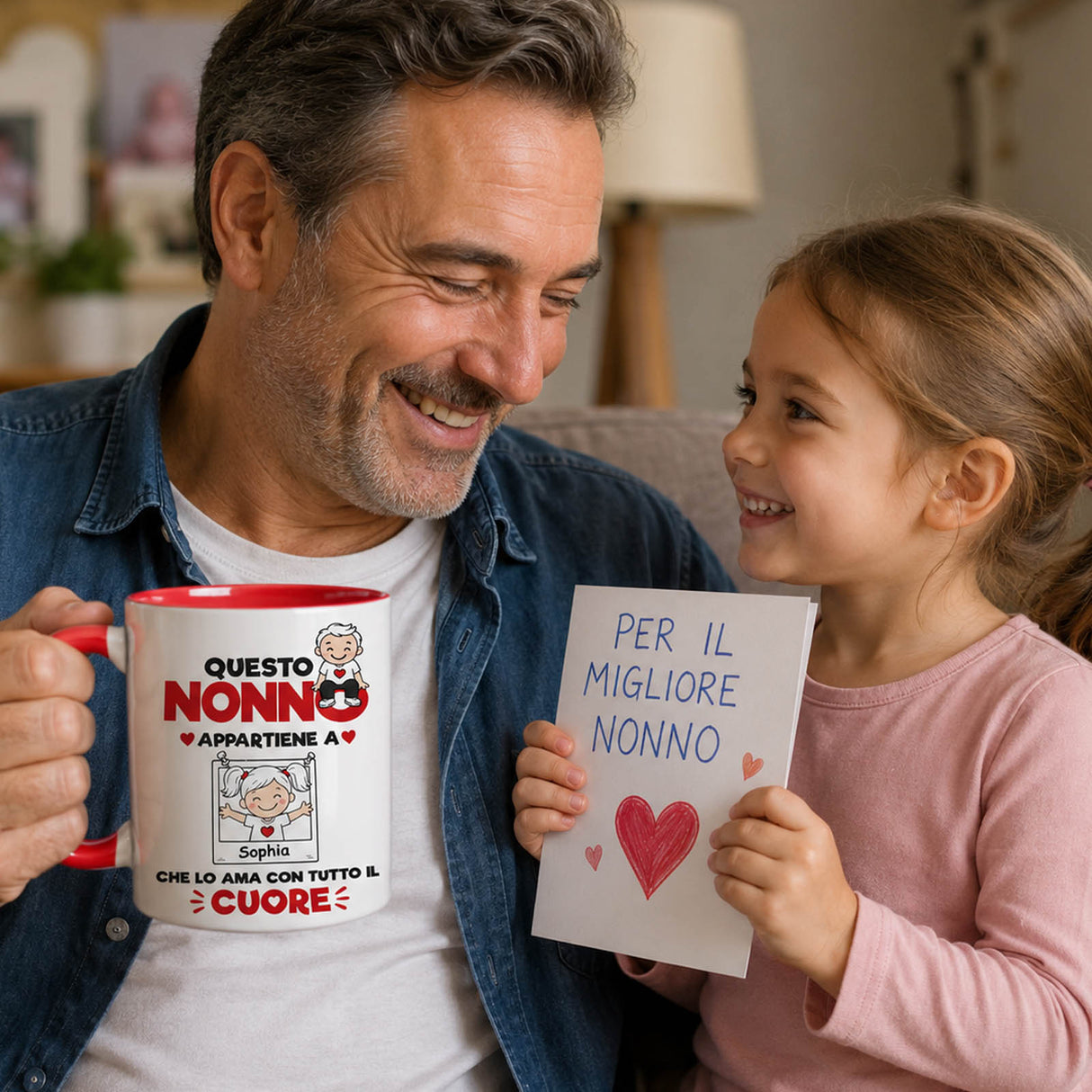Tazza bianca con bordo rosso, “Questo Nonno appartiene a” con Sofia