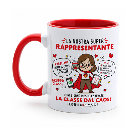 Tazza personalizzata bianca con interno e manico rossi, “La Nostra Super Rappresentante”
