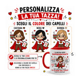 Schema tazza personalizzabile: scelta colore capelli e scritta “La tua tazza!”