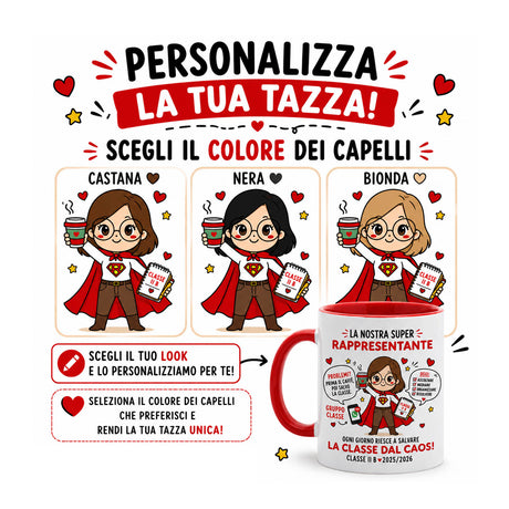 Schema tazza personalizzabile: scelta colore capelli e scritta “La tua tazza!”
