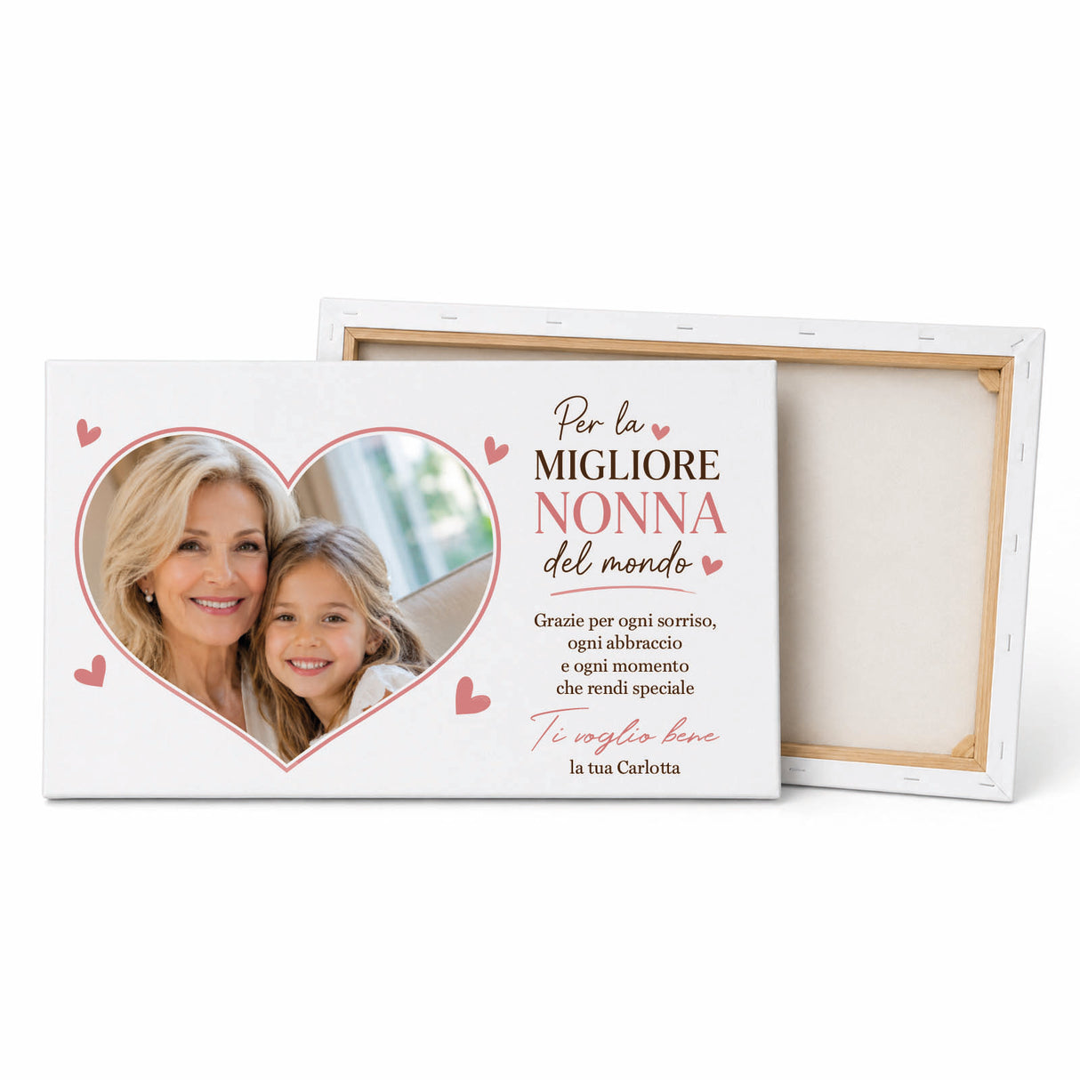 Tela personalizzata con cuore fotografico di nonna e bimba, dedica 'Migliore Nonna del mondo'