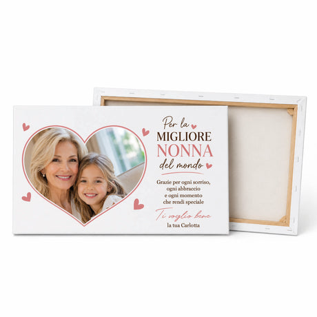 Tela personalizzata con cuore fotografico di nonna e bimba, dedica 'Migliore Nonna del mondo'