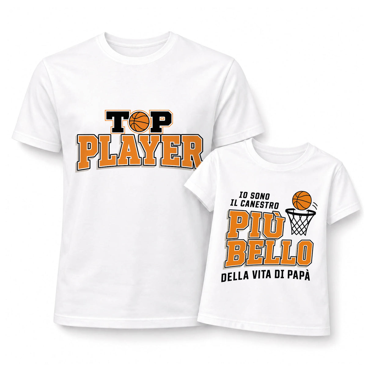 Set di due t-shirt bianche con stampa basket coordinate padre e figlio