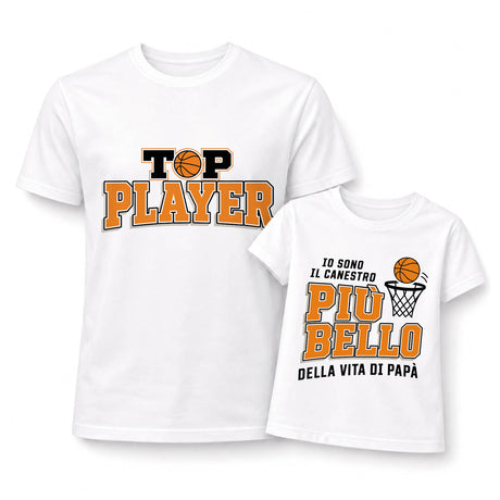 Set di due t-shirt bianche con stampa basket coordinate padre e figlio