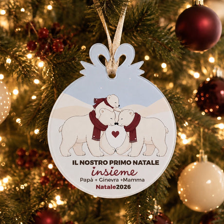 Decorazione per albero di Natale rotonda: orsi polari e scritta Natale2026 in rosso