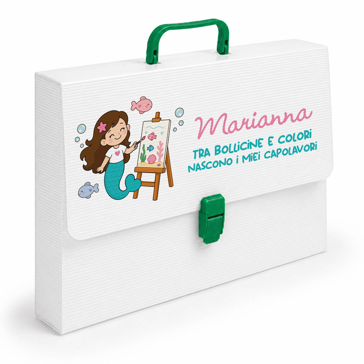 Valigetta polionda personalizzata con manico verde e illustrazione sirena, nome Marianne