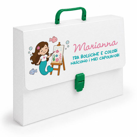 Valigetta polionda personalizzata con manico verde e illustrazione sirena, nome Marianne