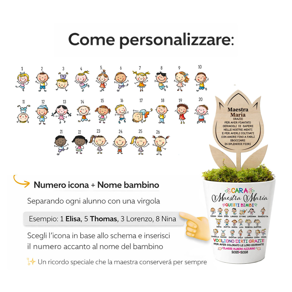 Vasetto con topper a foglia e vaso bianco con muschio verde, per dedica maestra