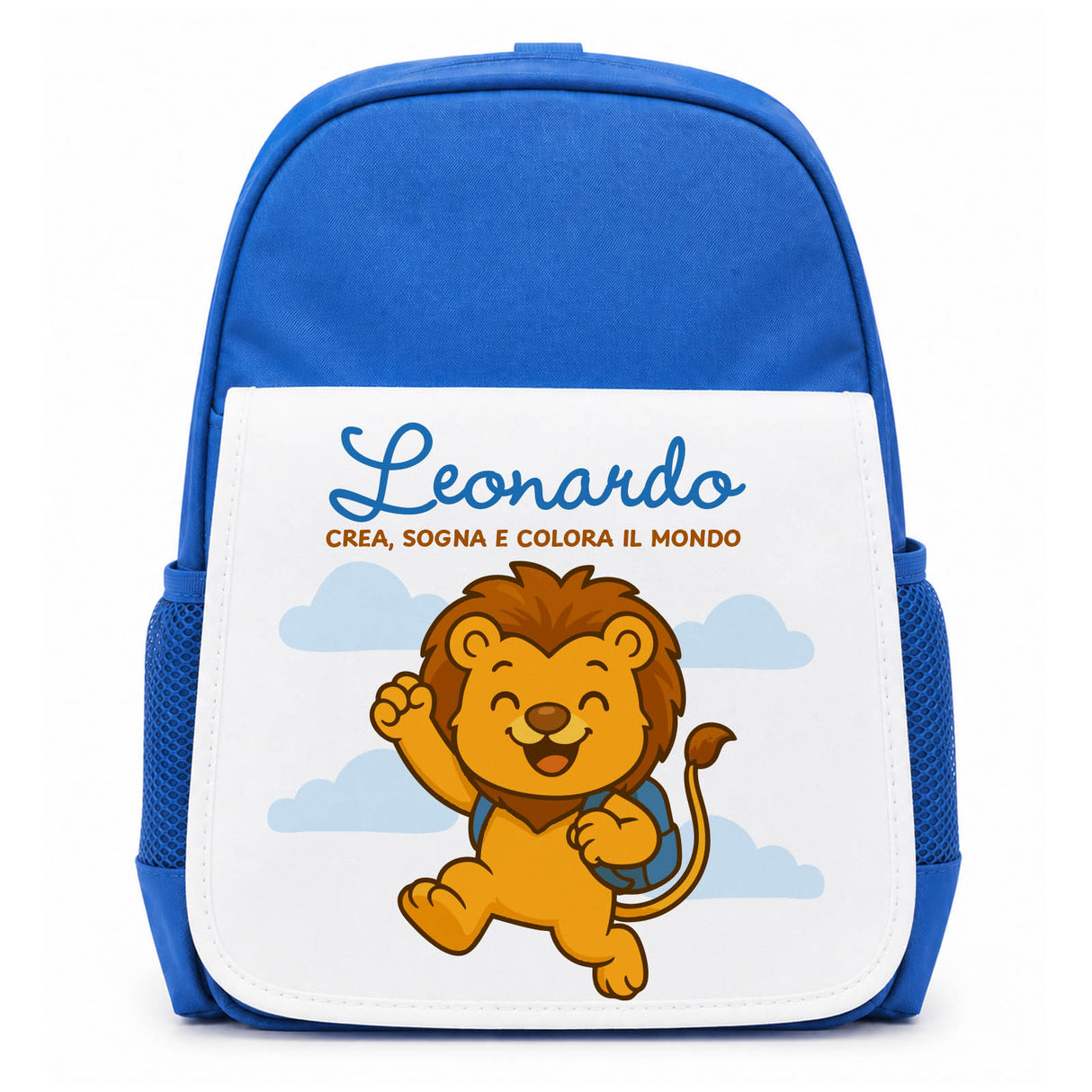 Zainetto per asilo blu con pannello bianco e nome Leonardo, leoncino sorridente
