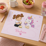 Tovaglietta personalizzata lilla con unicorno e nome Beatrice, cuori e stelline