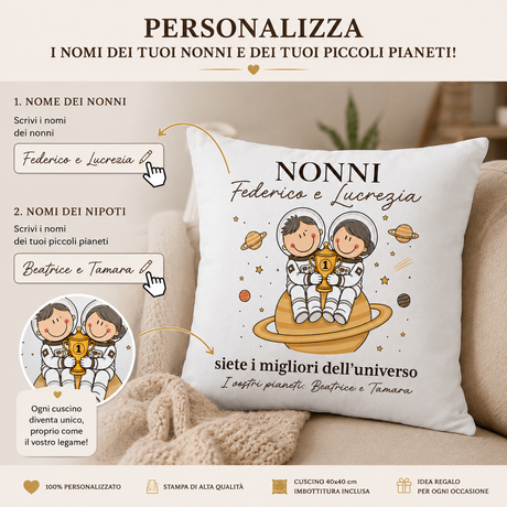 Cuscino bianco con astronauti e testo “NONNI Federico e Lucrezia”, dettagli personalizzazione