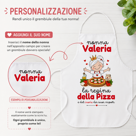 Grembiule bianco personalizzato con nome Valeria e grafica “la regina della Pizza”