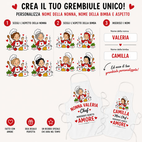 Grembiuli da chef personalizzati con nomi Valeria e Camilla, set abbinato