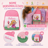 Zainetto rosa personalizzato Valeria con grafica e icone di protezione