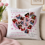 Cuscino quadrato bianco con stampa cuore rosa e collage foto, testo 'capolavoro'