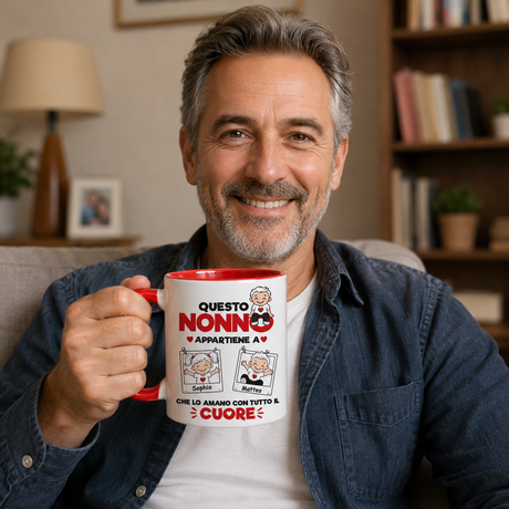 Tazza bianca con bordo rosso, stampa “Questo Nonno appartiene a” con Sofia e Matteo