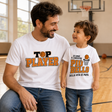 T-shirt bianche coordinate: uomo Top Player e bimbo Più Bello, stampa basket