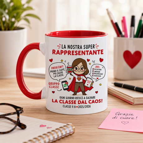Tazza personalizzata bianca con manico rosso e stampa “La Nostra Super Rappresentante”