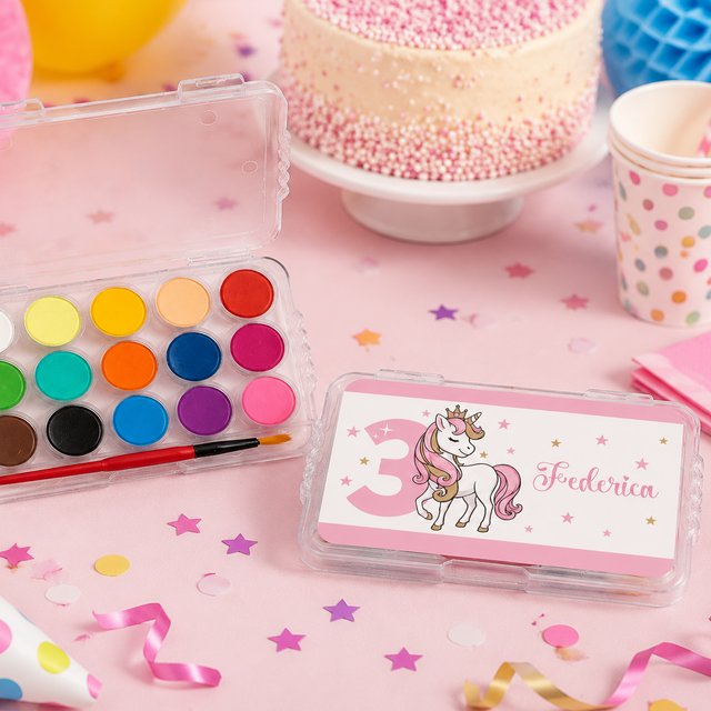 Kit di acquerelli mini personalizzati tema unicorno, astuccio con scritta Federico