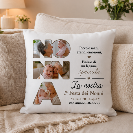 Cuscino bianco personalizzato con collage foto, “La nostra 1ª Festa dei Nonni” Rebecca