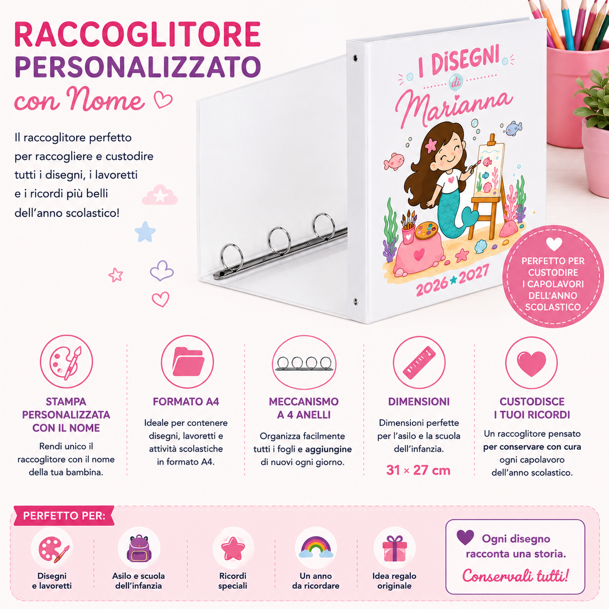 Raccoglitore ad anelli bianco con stampa personalizzata, grafica informativa sul prodotto.