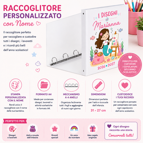 Raccoglitore ad anelli bianco con stampa personalizzata, grafica informativa sul prodotto.