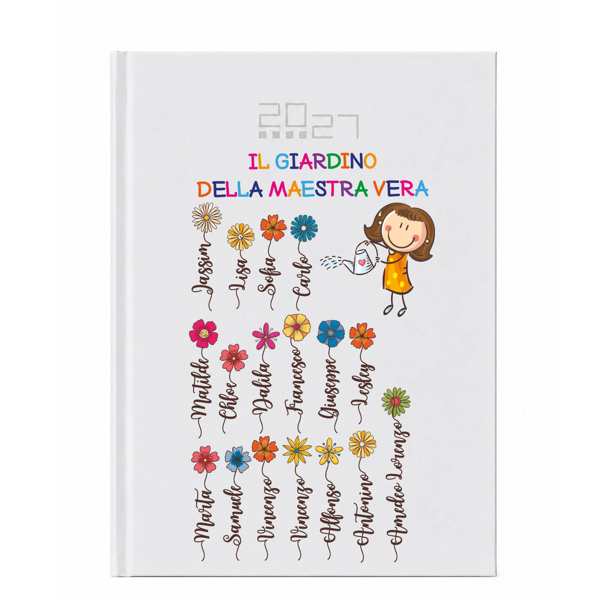Copertina agenda bianca con titolo colorato e illustrazioni di fiori
